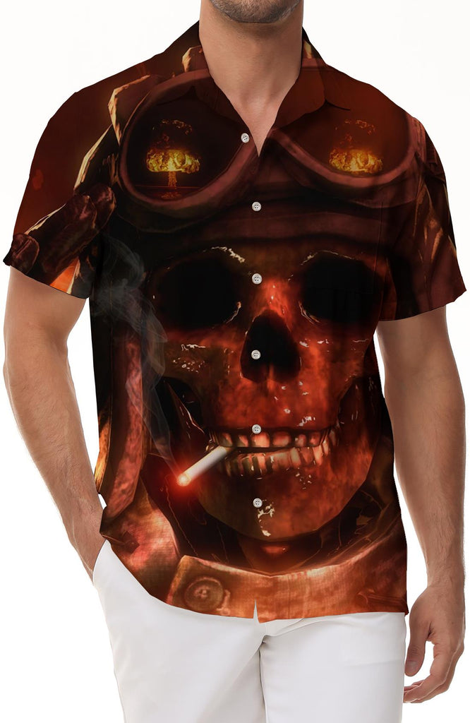 Flame Heavy Metal Skull Man Smoking Men's Hawaiian Shirt Casual Button Vacation Top Summer Short Sleeve Shirt