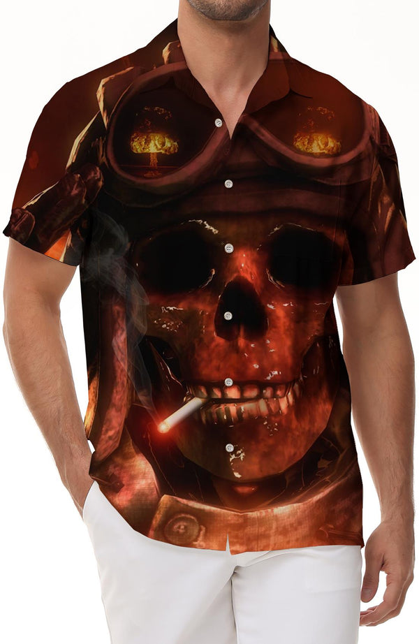 Flame Heavy Metal Skull Man Smoking Men's Hawaiian Shirt Casual Button Vacation Top Summer Short Sleeve Shirt