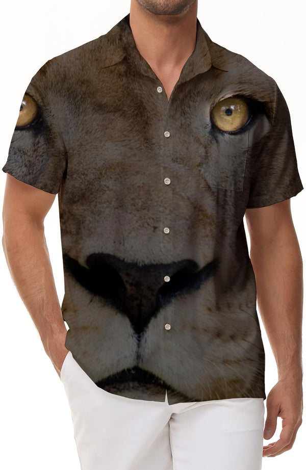 Handsome lion men's breathable short-sleeved printed shirt regular comfortable shirt polyester soft short sleeve