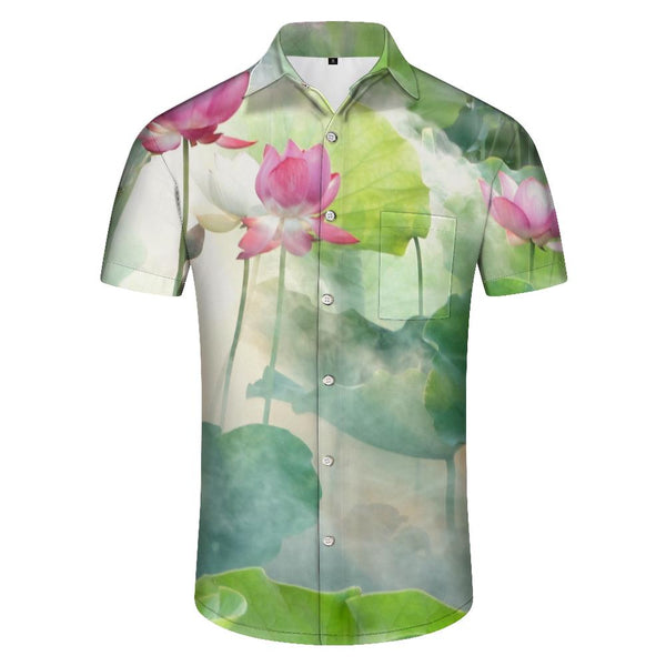 
Artistic Watercolor Lotus Hawaiian Shirt Lapel Pocket Button Short Sleeve Men's Tops
                