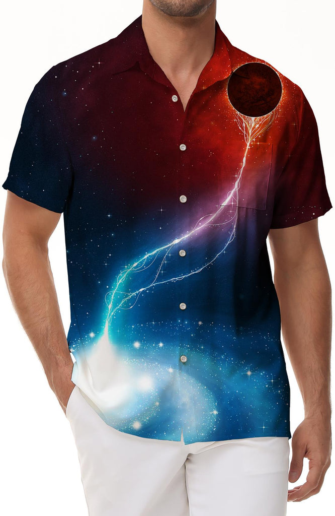 Blue and red fantasy fashion holiday beach short-sleeved men's loose top tropical Hawaiian lapel short-sleeved regular style