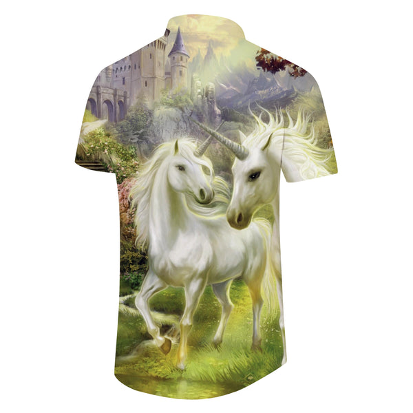 
Castle Summer Double White Unicorn Men's Casual Short Sleeve Shirt Pocket Button Shirt Travel Top
                