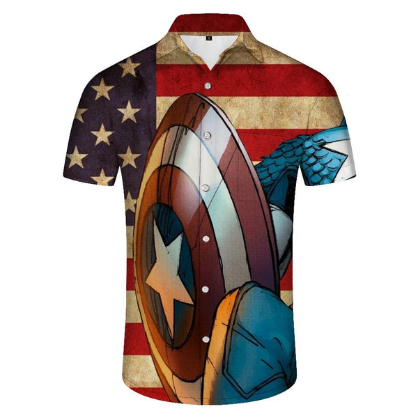 
Captain America shield men's retro simple fashion short-sleeved shirt Hawaiian button seaside vacation short-sleeved shirt beach
                
