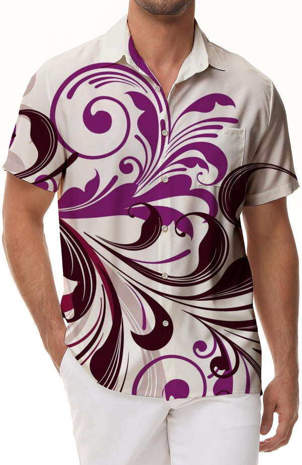 Fashion Trendy Curve Floral Butterfly Graphic Print Hawaiian Ombre Button Pocket Men's Shirt
