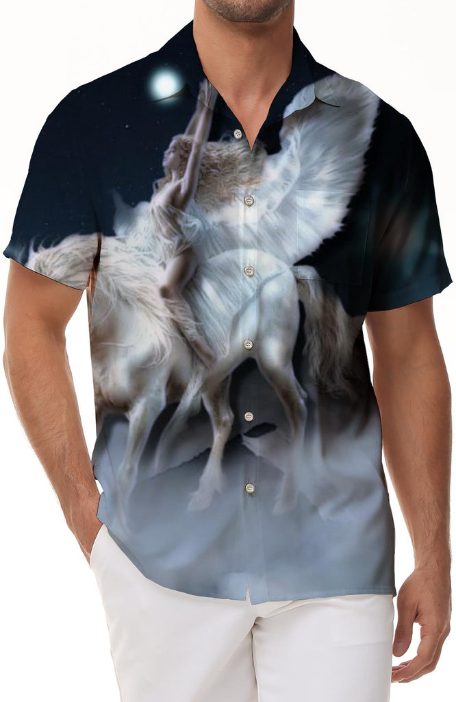 Angel riding white flying unicorn magic design men's casual street loose short shirt tropical four seasons vacation top