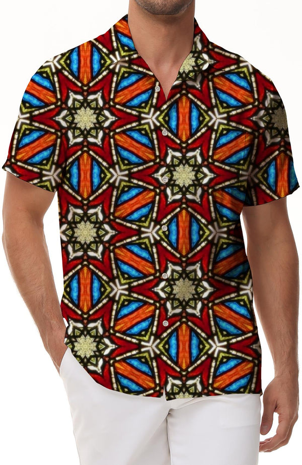 Ethnic style men's Hawaiian vacation beach seaside pocket lapel button short-sleeved shirt Hawaiian print art style
