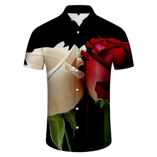
White and red roses, black casual loose daily travel short-sleeved shirt men's short-sleeved shirt beach seaside vacation
                