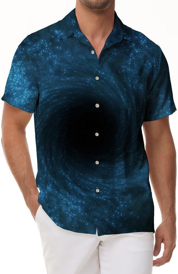 Black hole star spiral digital printing innovative casual loose men's casual button shirt short sleeve Hawaiian pocket short sleeve shirt regular style