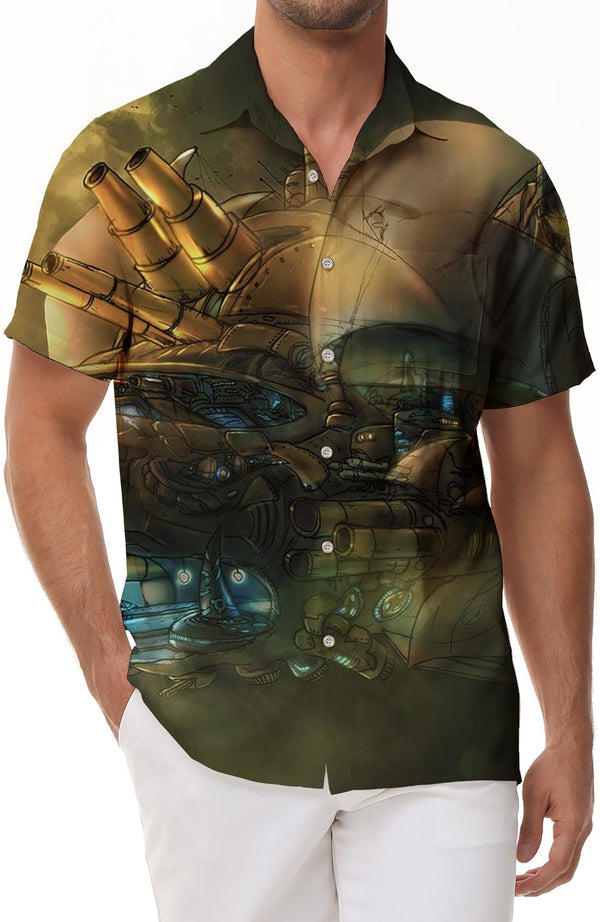 Tank Nautical Print Men's Loose Short Sleeve Regular Fit Hawaiian Tropical Button Lapel Pocket Shirt Casual Short Sleeve