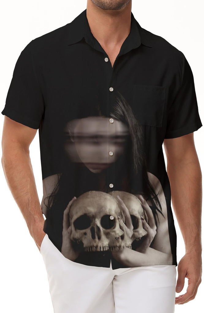 Gothic Witch Skull Black Mens Casual Button Short Sleeve Hawaiian Shirt Beach Top