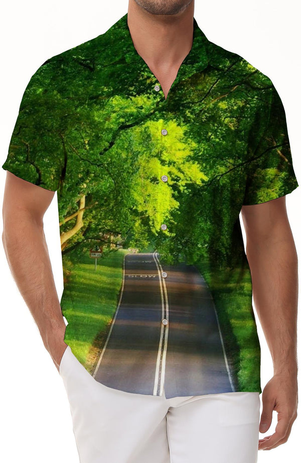 Green plant path fresh air print pattern casual loose men's vacation seaside tropical beach colorful short sleeve