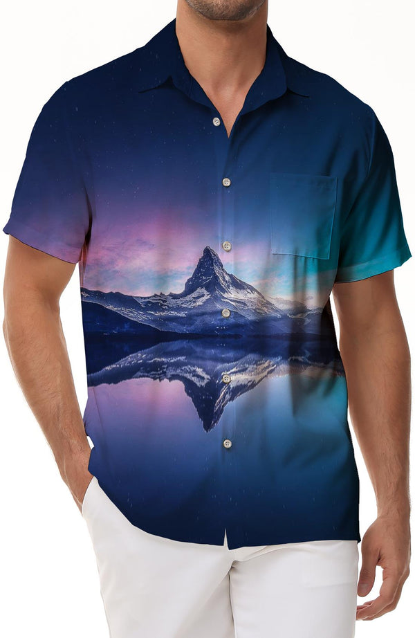 Short-sleeved men's pocket shirt Snow Mountain Color Aurora Sea Light Beautiful Scenery Short-sleeved shirt Hawaiian Tropical Four Seasons Shirt Short Sleeve