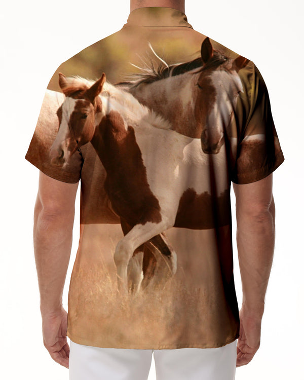 
Two tall horses on the prairie 3D digital printing cool fashion button-down tropical Hawaiian style short-sleeved shirt
                