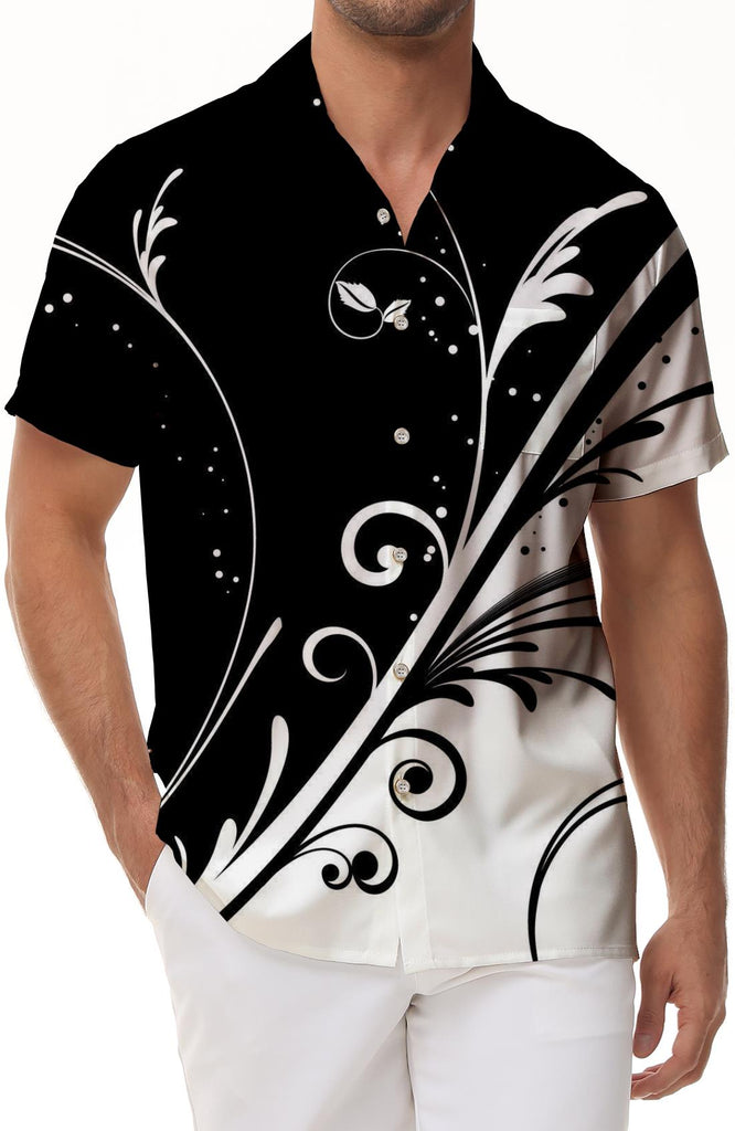 Black and white pattern 3d digital printing men's casual loose vacation tropical Hawaiian button-down lapel short-sleeved shirt