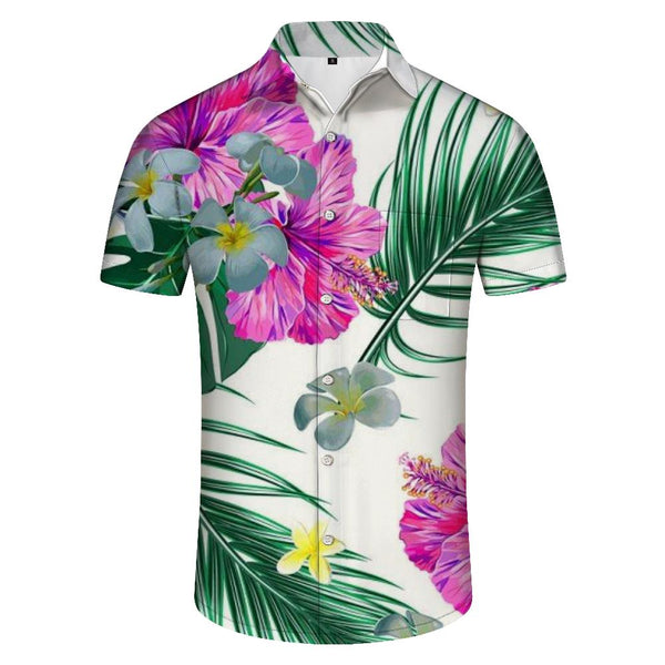 
Hibiscus flower palm leaf men's casual fashionable simple style short sleeve shirt button-down summer tropical vacation seaside Hawaiian shirt
                