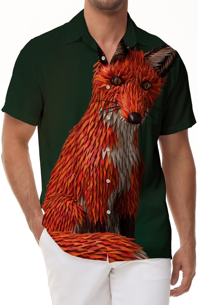 Sunset Maple Fox Short Sleeve Shirt Comfortable Breathable Retro Style Short Sleeve Shirt Men's Summer Short Sleeve Button Casual Beach Shirt Short Sleeve
