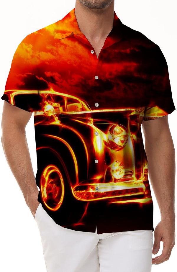 Retro Cool Flame Car Men's Printed Short Sleeve Shirt Fashion Classic Hawaiian Shirt Beach Shirt Clothes