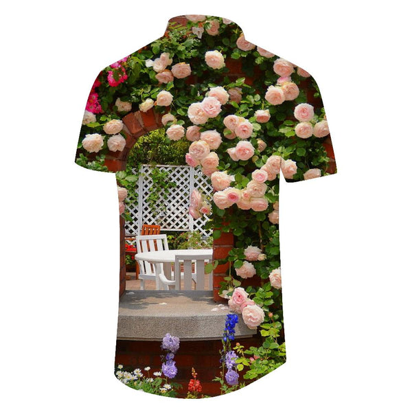 
Pink rose flower style pattern tropical Hawaiian button-down lapel pockets men's casual daily loose short sleeves
                