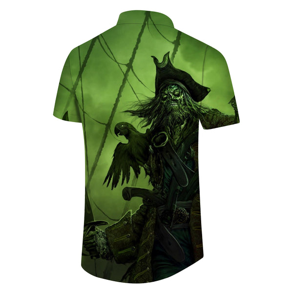 
Men's casual Hawaiian button green pirate skull king shirt short sleeve clothing
                