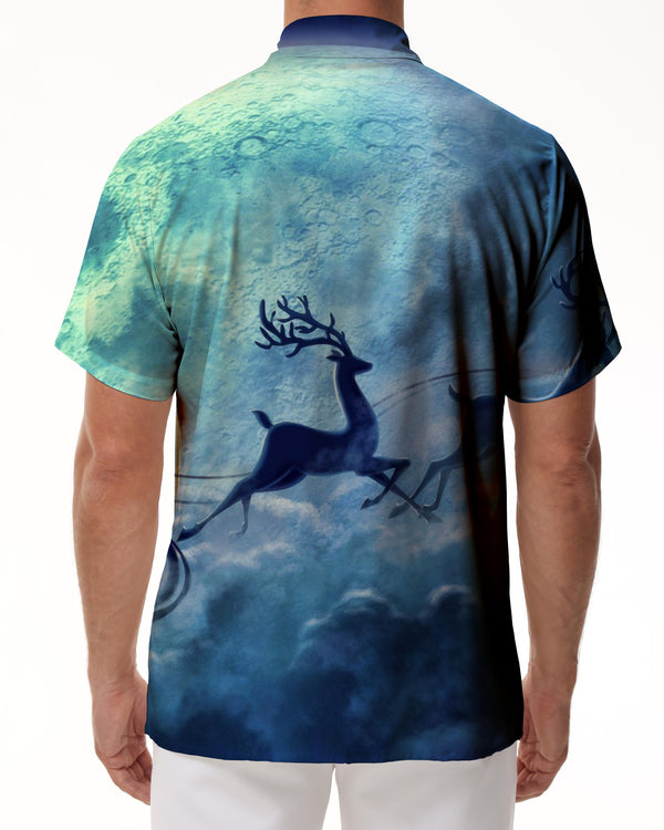 
3d Digital Printing Men's Christmas Santa Claus Gift Button Short Sleeve Shirt Blue
                