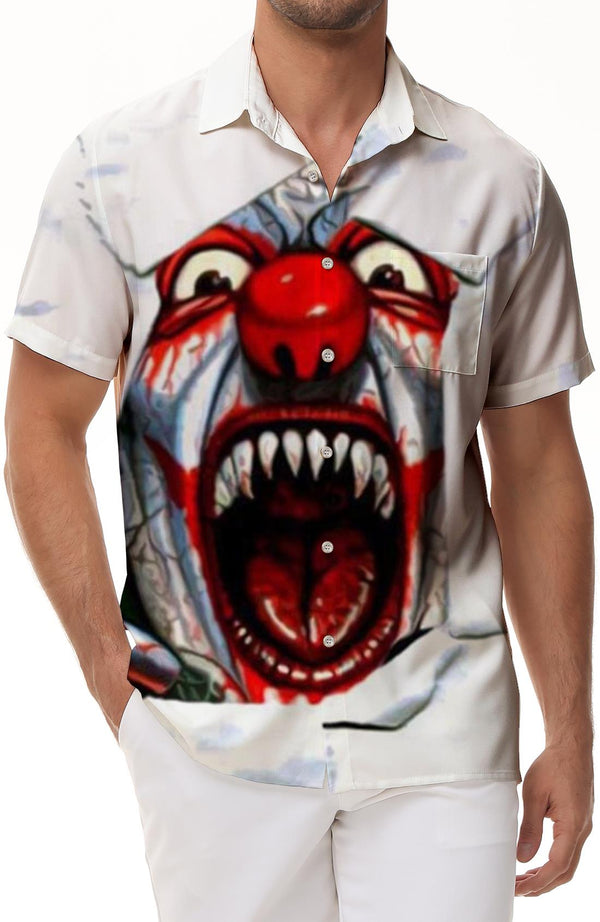 White hip hop rock new fashion crazy clown digital print men's Hawaiian button loose shirt short sleeves