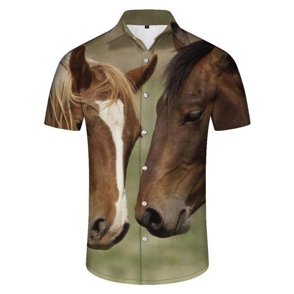 
Two Horses Hawaiian Button Lapel Men's Short Sleeve Shirt Loose Pocket Top Tropical Style
                