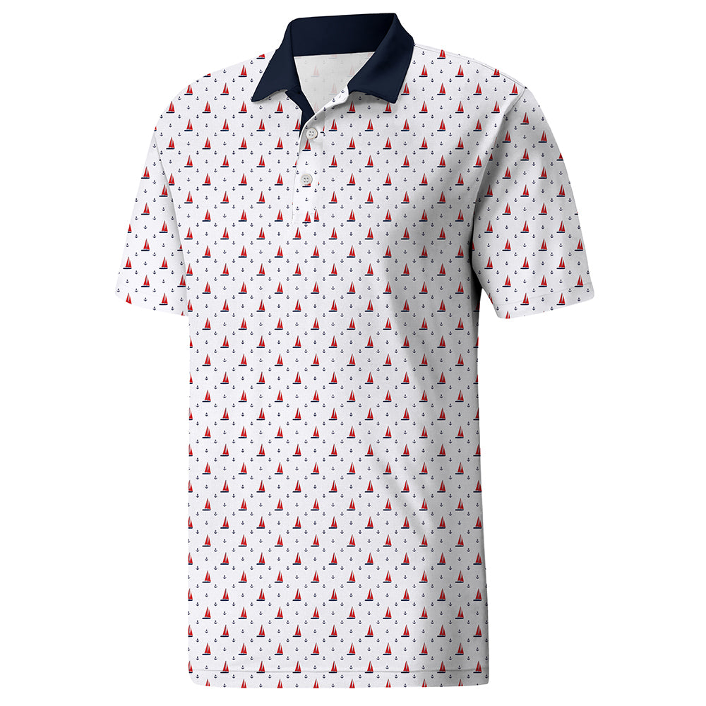 Men’s White Pattern Polo Shirt with Contrast Collar – Lightweight Feel, Smart Casual Fit