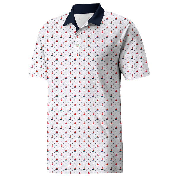 Men’s White Pattern Polo Shirt with Contrast Collar – Lightweight Feel, Smart Casual Fit