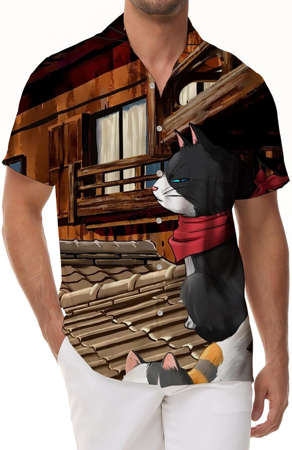 Cartoon anime cat men's casual loose tropical Hawaiian button-down short sleeve c fun cat pattern