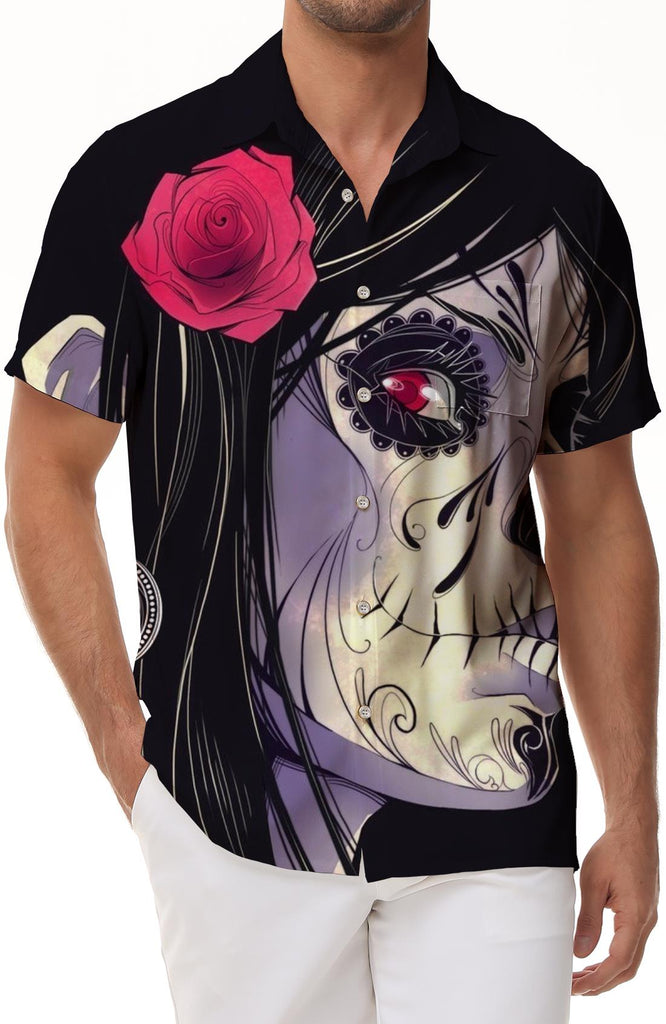 Cartoon Day of the Dead Floral Skull Gothic Men's Shirt Short Sleeve Hawaiian Shirt Beach Casual Work Shirt Tops
