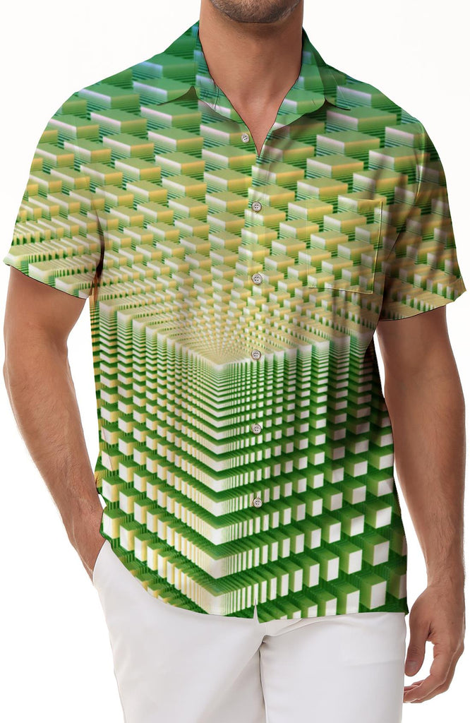 Green Cube Hawaiian button shirt printing Abstract short sleeve beachwear Man