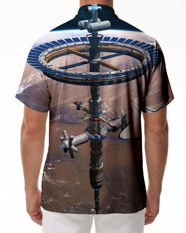 
Retro fashion short Hawaiian shirt mixed color space planet robot Y2k Harajuku retro casual shirt top
                