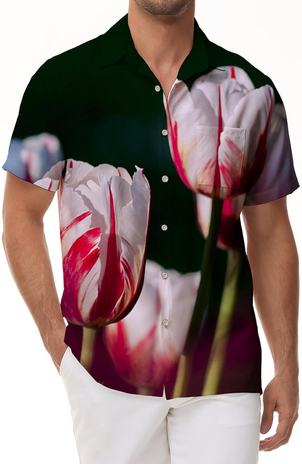 Colorful Art Fashion Men's Casual Short Sleeve Shirt Tulip Print Hawaiian Shirt Casual Summer Beach Button Shirt