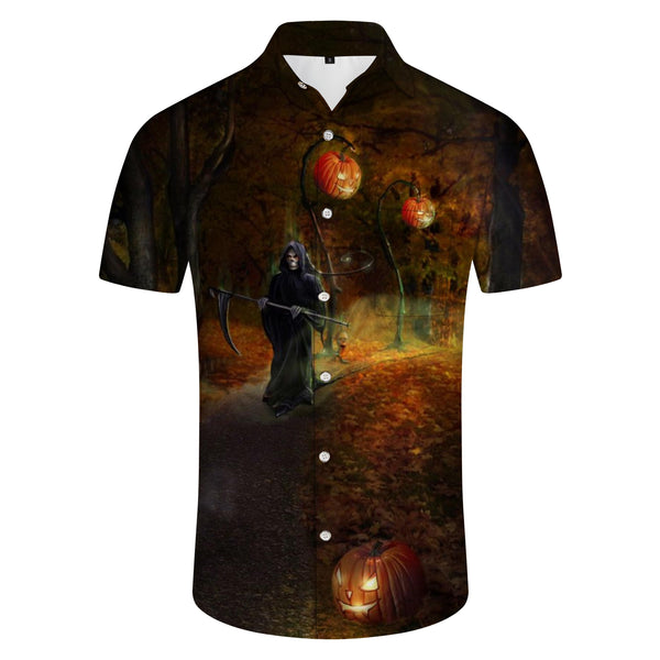 
Vintage Maple Leaf Halloween Skull Grim Reaper Hawaiian Lapel Men's Shirt Casual
                