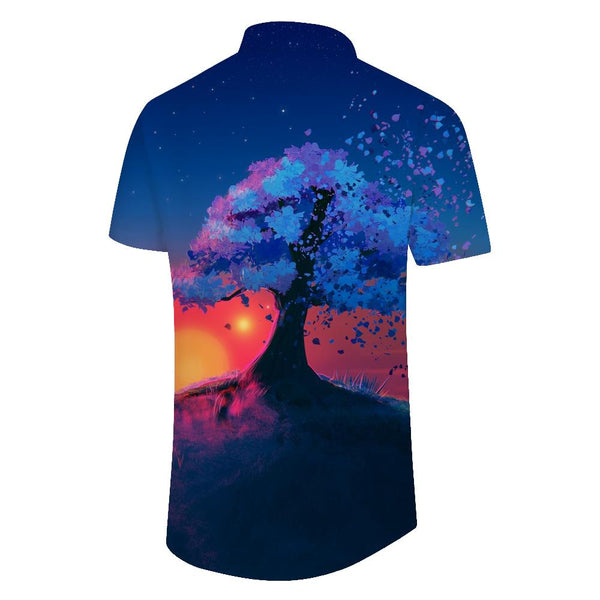
Blue big tree dream sunset men's street trend short-sleeved men's shirt casual fashion shirt Hawaiian fashion short-sleeved design
                