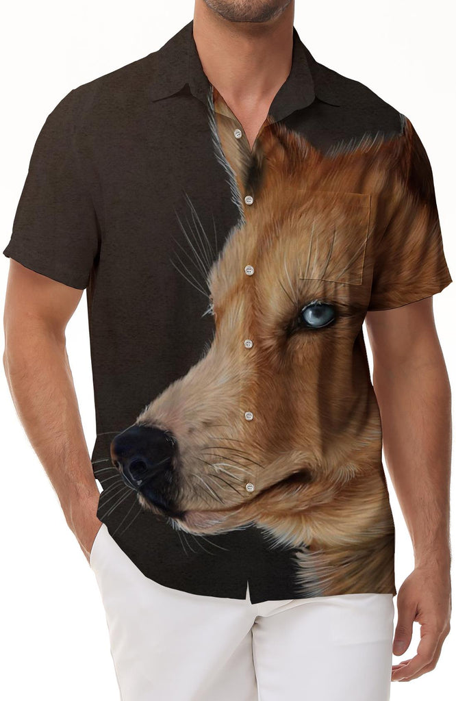Military Dog Fashion 3D Digital Printing Hawaiian Button Pocket Lapel Trendy Abstract Animal Short Sleeve Shirt Beachwear