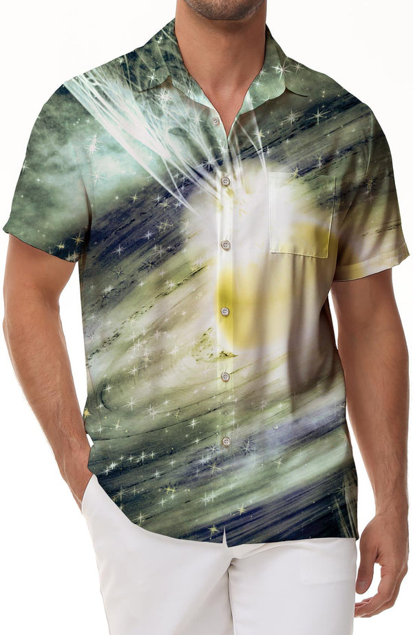 Surreal Fantasy Art Space Nature Galaxy Beach Short Sleeve Cropped Hawaiian Shirt Button Down Summer Shirt for Men
