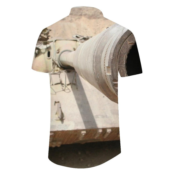 
German retro tank and battlefield ruins print Hawaiian button summer lapel four seasons top for men
                