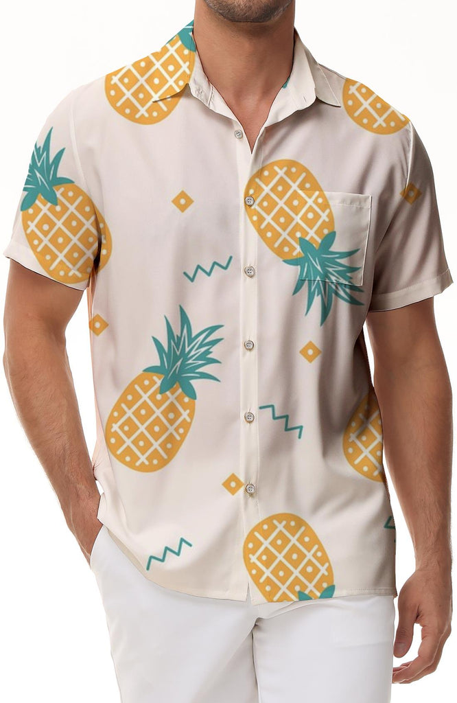 Trendy Summer Shirts Pineapple Print Hawaiian Shirt Collar Button Top Breathable Short Sleeve Shirt Mens Holiday Party
