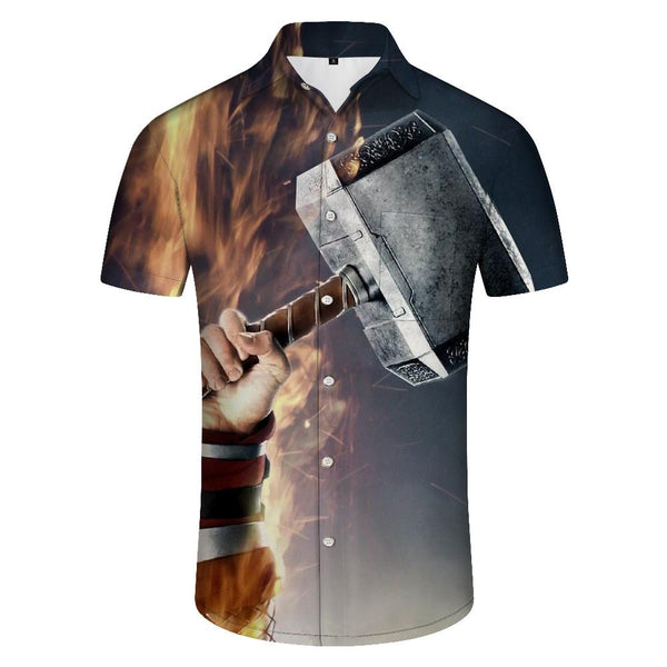 
Tough Captain America Hammer Tropical Hawaiian Lapel Pocket Men's Street Fashion Short Sleeve Shirt Cool
                