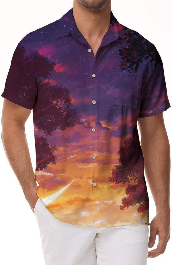 Cartoon Landscape Fantasy Men's Casual Fun Summer Party Tropical Hawaiian Button-down Lapel Short Sleeve Shirt