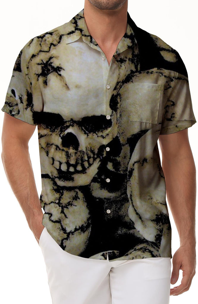 Retro cool skull print shirt Hawaiian button-down lapel hip-hop summer men's casual loose short sleeves