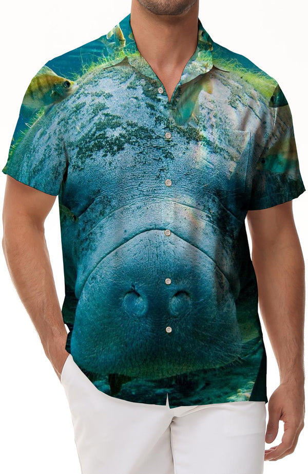 Manatee Animals Men's Shirt Short Sleeved Color Button Down Beach Shirt Tropical Holiday