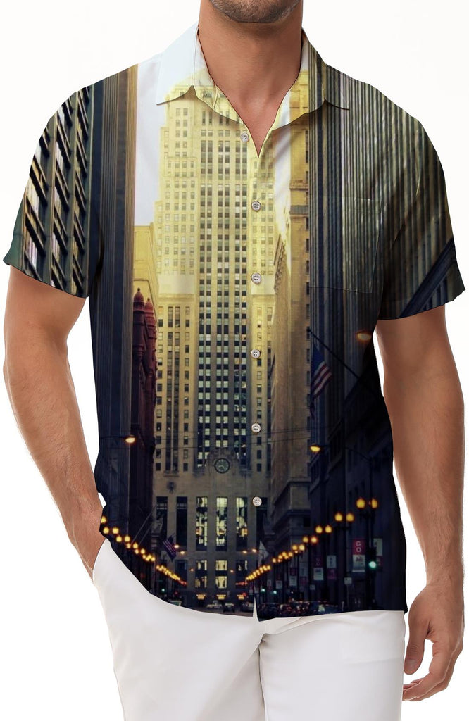 Wild Animal Bear Playing Music Watercolor Painting Men's Short Sleeve Casual Button-Up Beach Summer Top