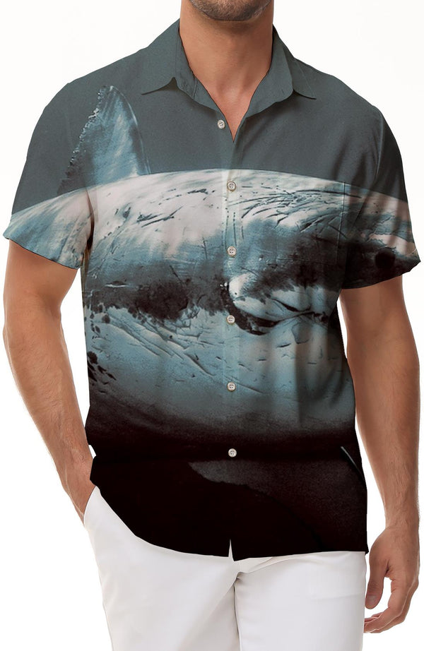 Blue Shark Deep Sea 3D Digital Printing Men's Short Sleeve Button Shirt Hawaiian Casual Holiday Party