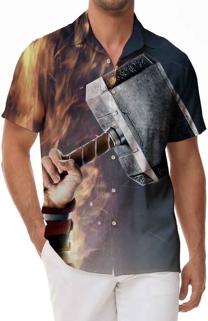 Tough Captain America Hammer Tropical Hawaiian Lapel Pocket Men's Street Fashion Short Sleeve Shirt Cool