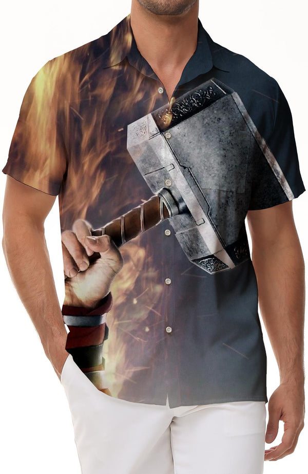 Tough Captain America Hammer Tropical Hawaiian Lapel Pocket Men's Street Fashion Short Sleeve Shirt Cool