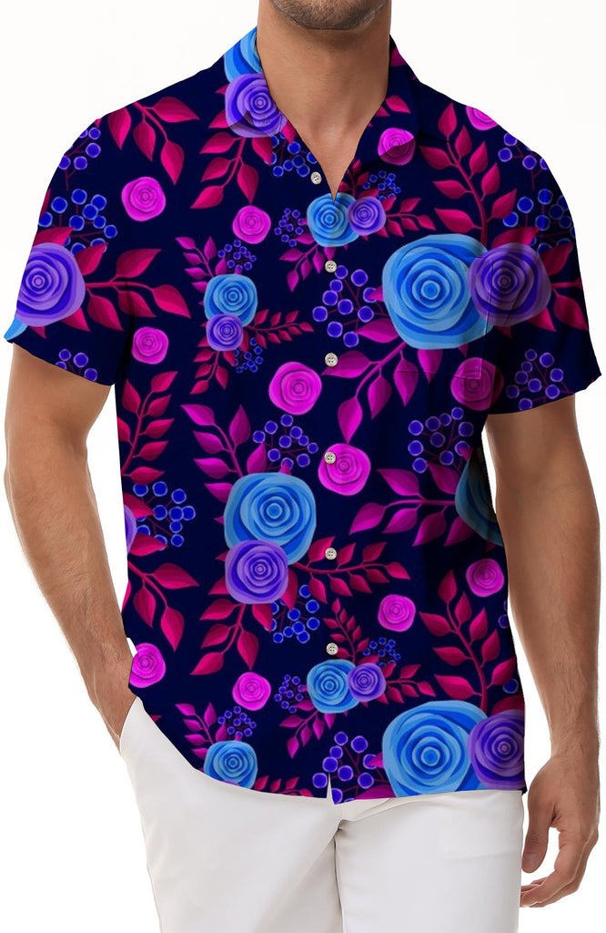 Bright Rose Men's Loose Casual Beach Comfortable Fashion Casual Loose Summer Short Sleeve Button Shirt