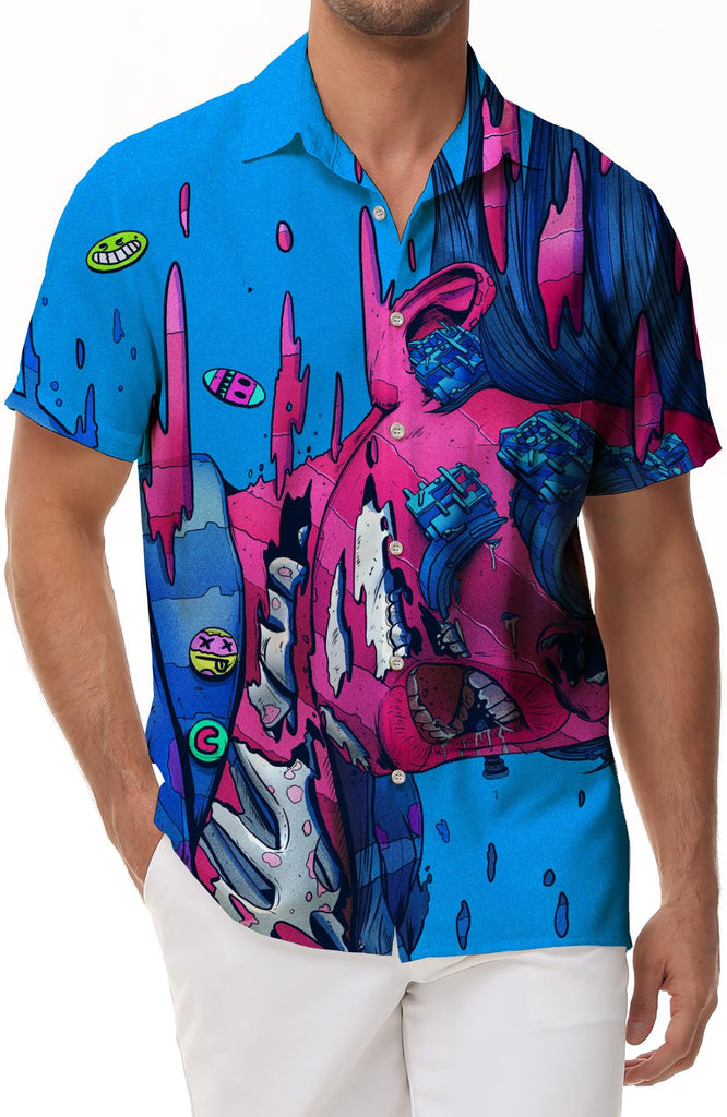 Cool Christmas Music Punk Men's Hawaiian Shirt Short Sleeve Button Casual Shirt for Summer Beach Blue