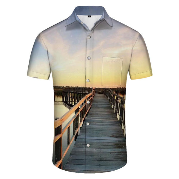 
Wooden bridge sunset romantic date 3d printed pattern men's daily street loose tropical fashion comfortable breathable trendy Hawaiian shirt
                
